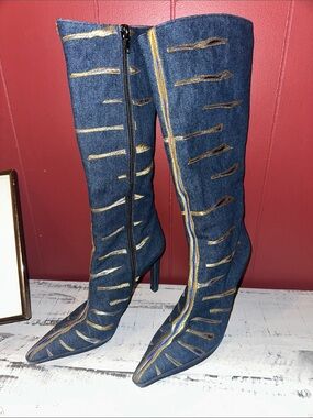 Rare Vintage Casadei Denim Knee-High Boots